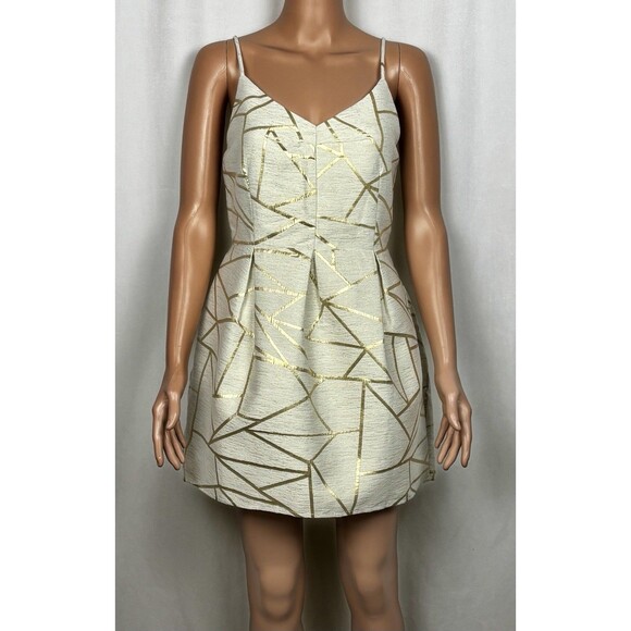 Luvalot Women’s Size 10 Gold Striped Geometric Print Sleeveless Mini Dress - Picture 1 of 8